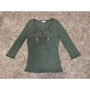 Vintage Womens Green Blouse Top 3/4 Sleeve Vneck Y2k 90s Grunge Gothic Punk XL